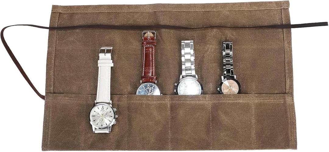 Travel Watch Roll Organizer with 6 Slots Handmade Watch Travel Case Roll-up Watch Organizer Storage Box Jewelry Roll Watch Travel Pouch Waxed Canvas Easy Carry On Watchlover Storage Gift for Men (Khaki)