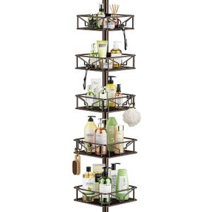 Skycarper 5 Tier Adjustable Corner Shower Caddy Organizer with Hooks, Rustproof Tension Pole 62-116 Inch, Bronze