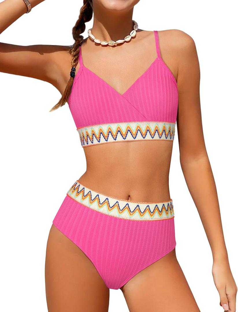 DONWEN Girls Swimsuits V Neck Bikini Set Textured High Waist Girl Two Piece Bathing Suit (15-16 Years, Pink)