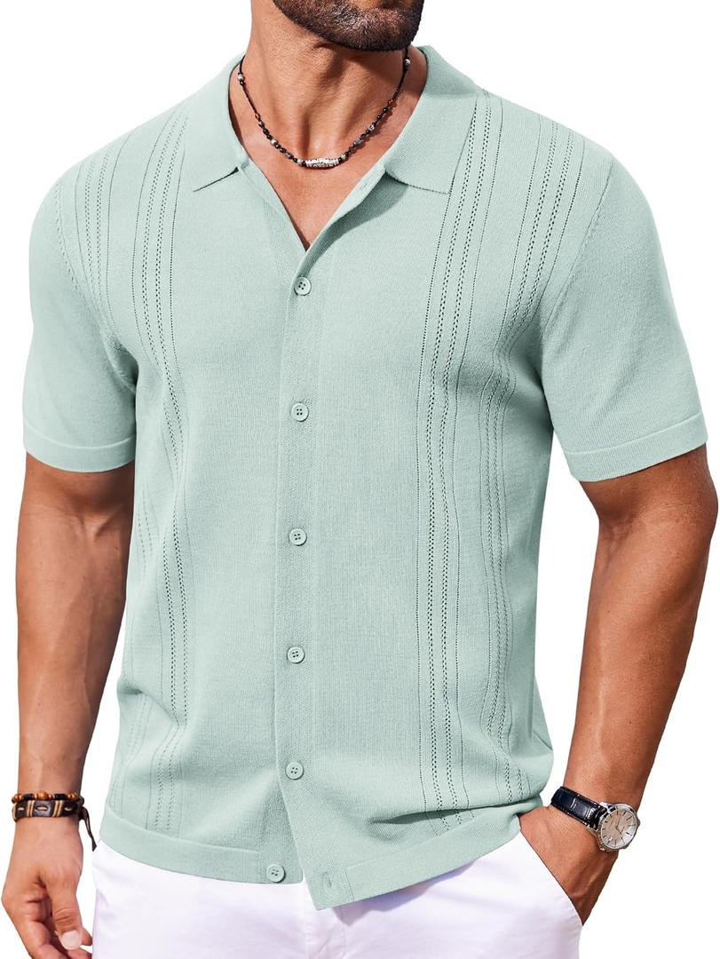 COOFANDY Men Casual Button Down Shirts Short Sleeve Summer Beach Shirt Fashion Camp Tops (Large, Green)