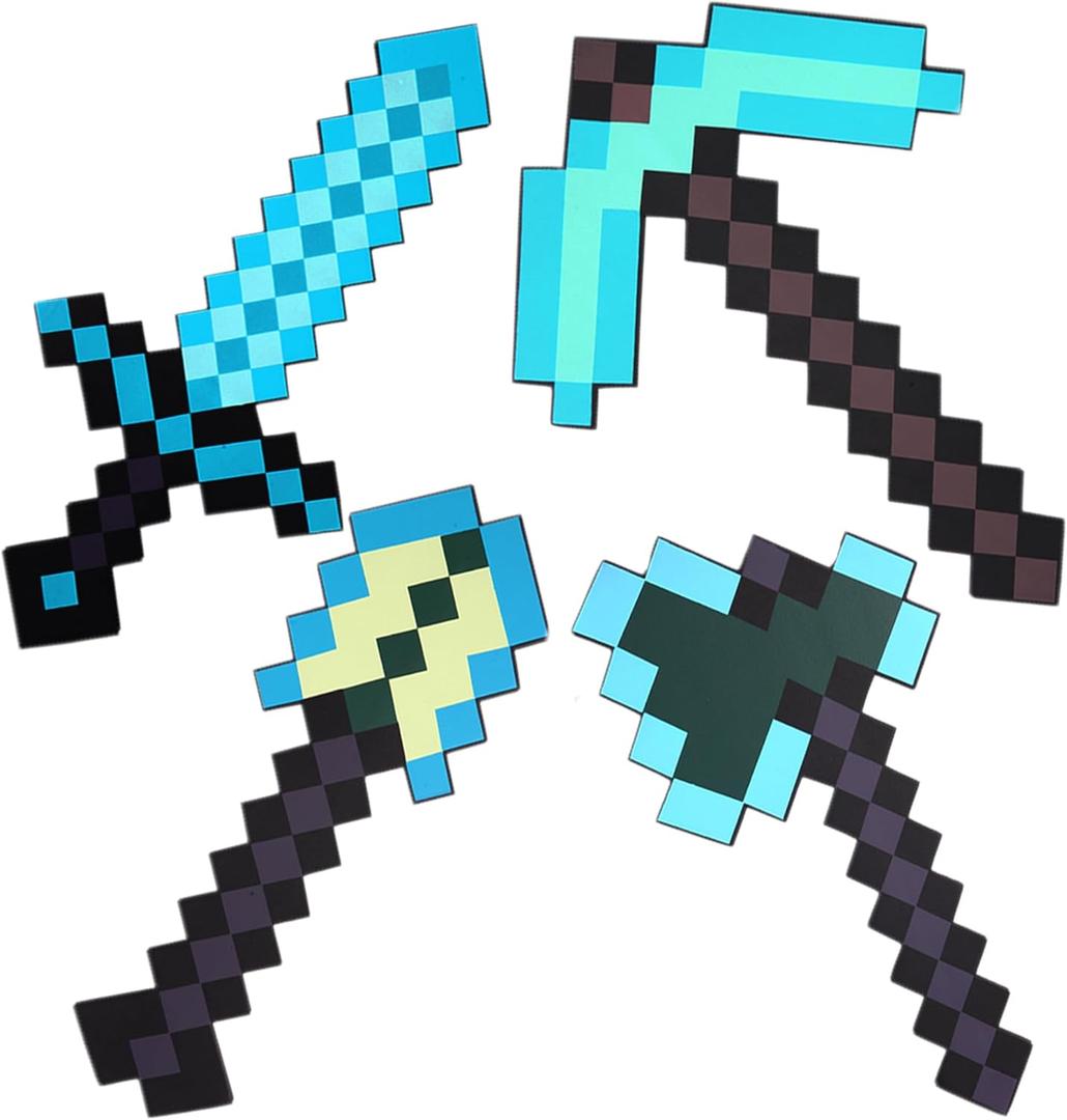 4pcs Sword Pickaxe Axe and Shovel Toy Weapon Set,Kids Role-Play Foam Weapons Accessory for Game Fans Halloween Christmas and Party