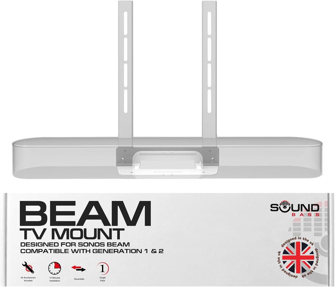 Sound Bass Beam TV Mount, Compatible with Generation 1 & 2 Sonos Beam Soundbar, Mounting Bracket for TV, White, Full Hardware Kit Included
