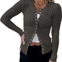 Women's Long Sleeves Snap Button Down Blouses Stretchy Waffle Knit Basic Crew Neck Shirts (Medium, Army Green)