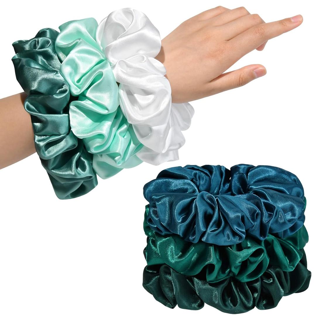 CEELGON Large Silk Satin Scrunchies - Jumbo Hair Ties for Thick Curly Hair - Pack of 6 (Green)