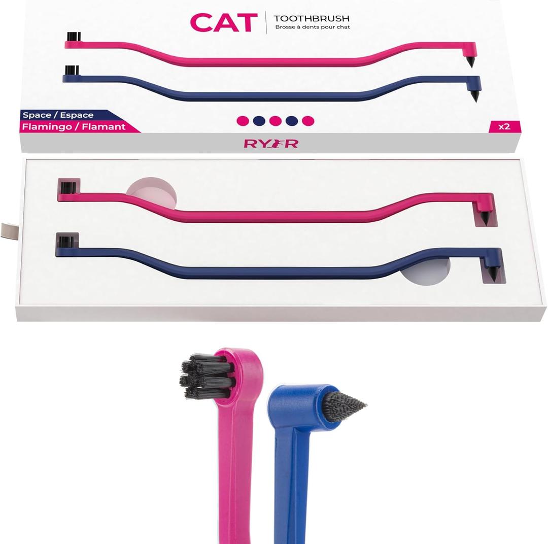 RYERCAT Set of Dual Sided Cat Toothbrushes - Kitten Toothbrush with Micro Head to fit into Kittens Mouth - Cat Dental Care Supplies Pet Toothbrush for Cats (Flamingo Pink and Space Blue)