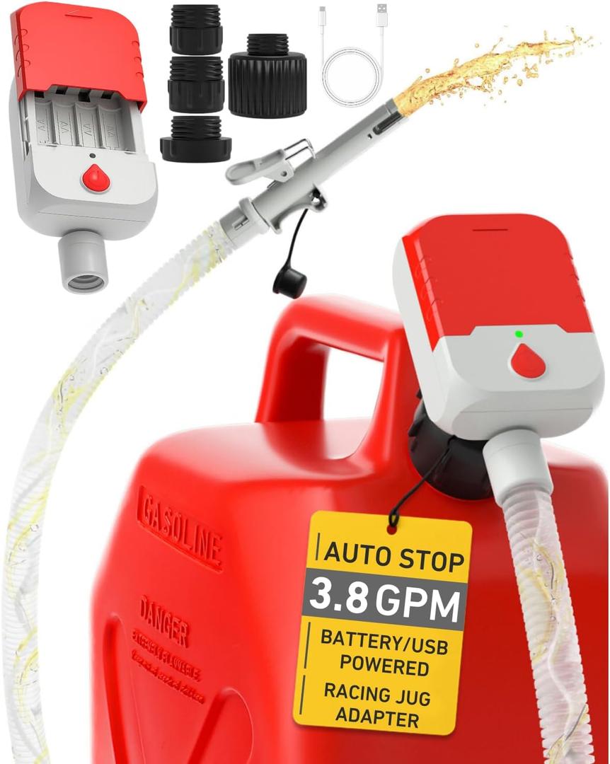 Fuel Transfer Pump with Auto-Stop, 3.8 GPM Battery or USB Powered Cordless Gas Pump, Portable Electric Pump for Gas Can with 51" Hose & 4 Adapters for Gasoline, Diesel, OilSpill-Free Refueling