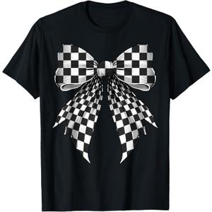 Coquette Bow Black White Checkered Pattern T-Shirt (Small)