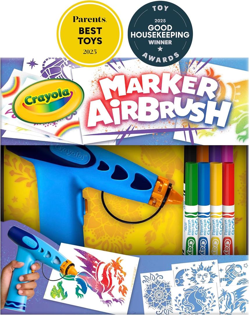 Crayola Marker Airbrush Spray Art Kit, Essential Easter Basket Stuffer for Kids, Battery-Powered Sprayer with 8 Washable Markers & 5 Stencils, DIY Craft Set, Ages 6+
