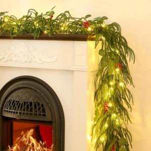 9FT Christmas Garland with Lights, Battery Operated Garland with Red Berries and Eucalyptus Leaves, Real Touch Artificial Prelit Garland for Mantle, Fireplace, Table, Stairs & Christmas Decorations