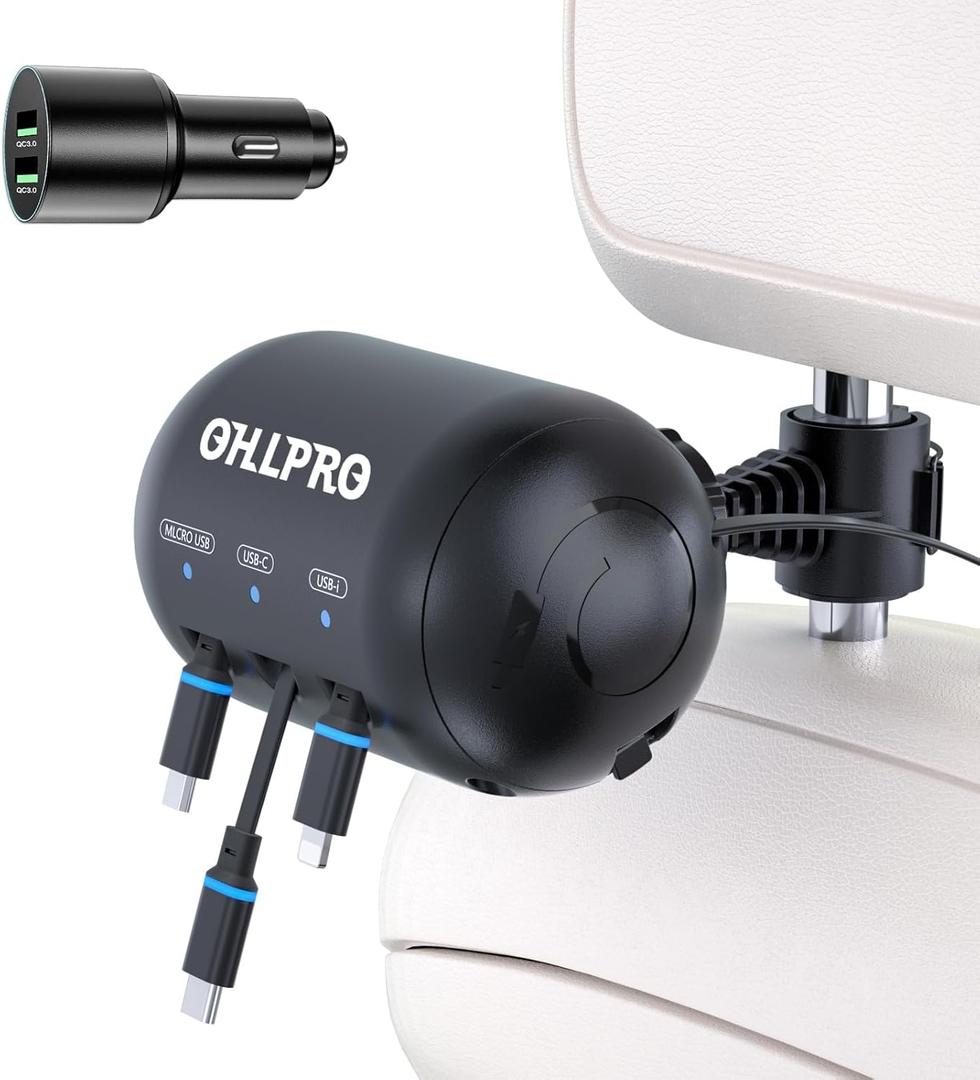 OHLPRO 3-in-1 Retractable Backseat Car Charging Station, 36W Fast Car Charger for All Phones (iPhone, Samsung), Ideal for Lyft, Turo, Uber, Taxi, Rideshare, Customer Charging Dock Attach to Headrest