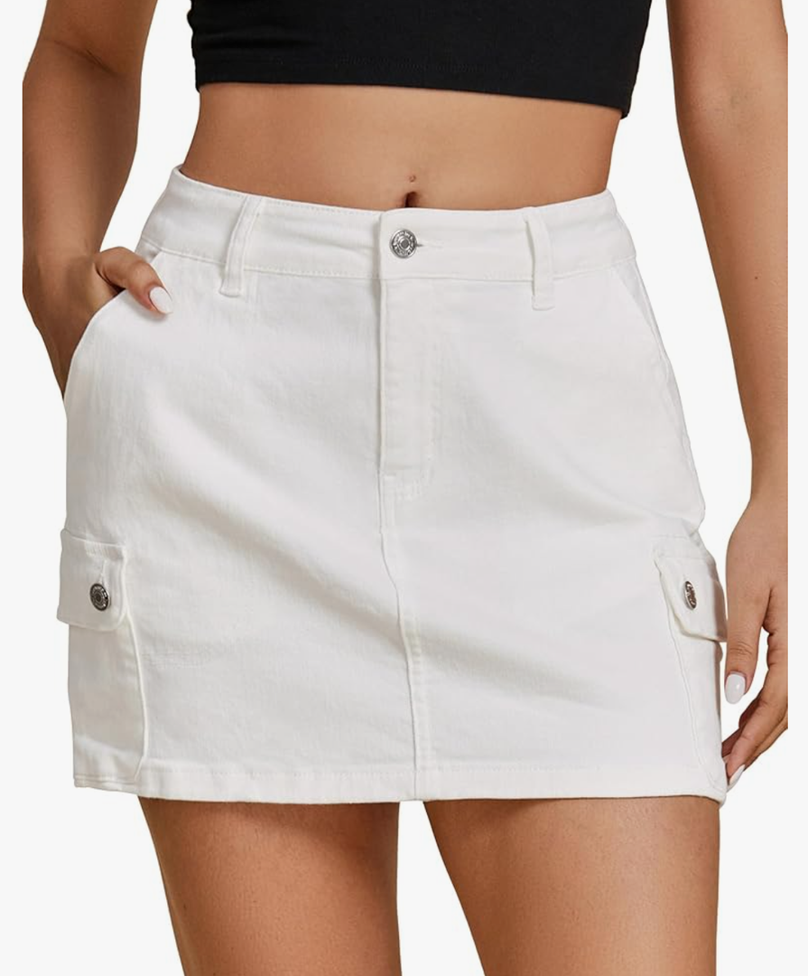luvamia Jean Skirts for Women Denim Trendy High Waisted Mini Cargo Pockets Stretchy Short Skirt Country Concert Outfits SizeM