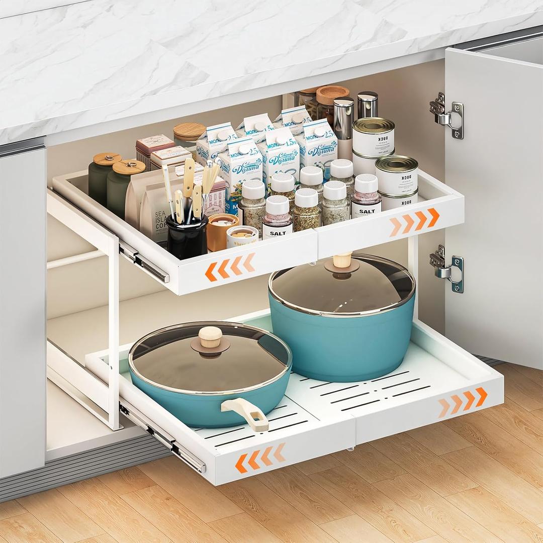2-Tier Expandable Pull Out Cabinet Organizer, 21" Deep Heavy-Duty Slide Rail Slide Out Drawer Organizers with Adhesive Nano Film for Pots, Roll out Shelf Storage for Kitchen & Pantry Storage,White