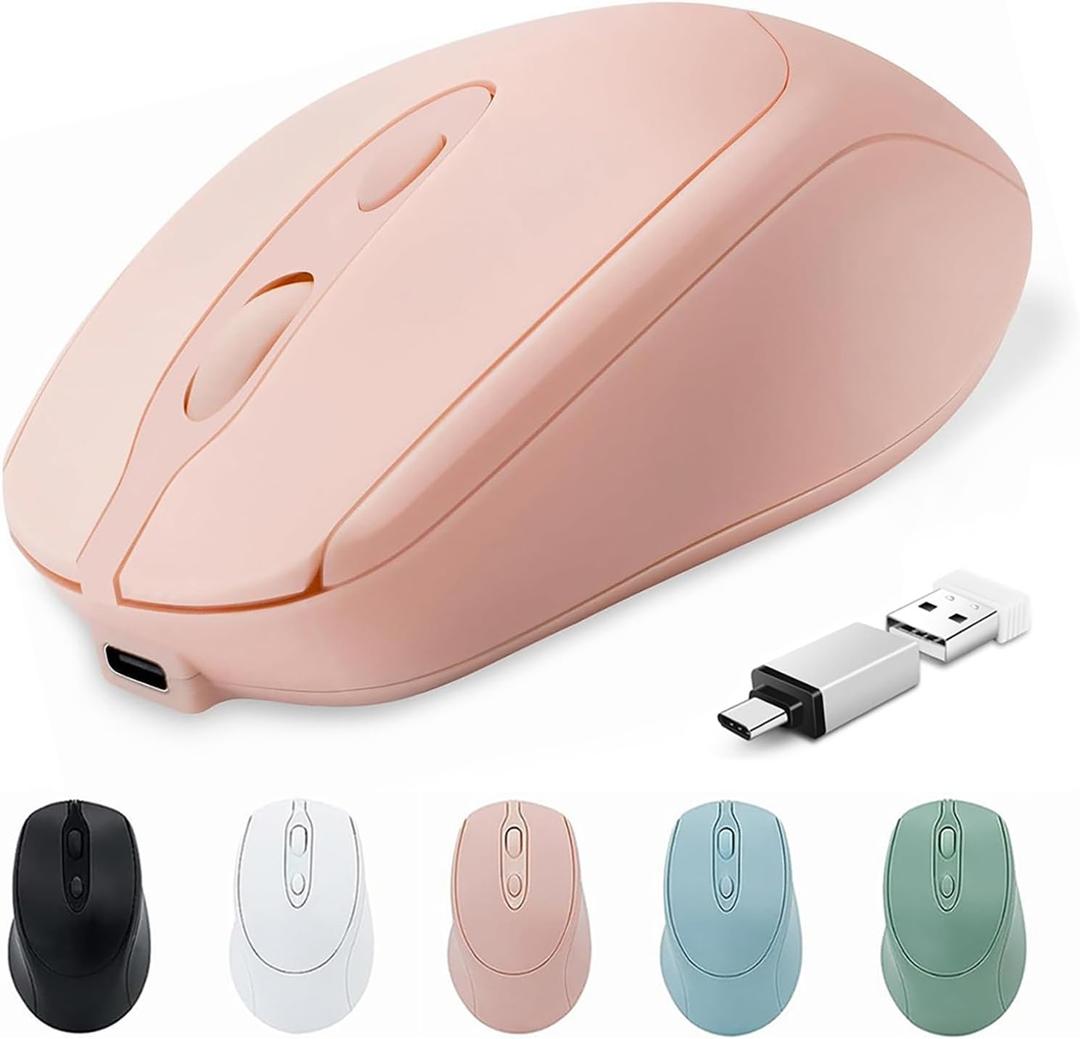 Bluetooth Wireless Mouse USBC for Mac Book Pro/Laptop/Computer, Silent Rechargeable Wireless Mouse Compatible with Macbook Air/iMac/Surface Pro 3-in-1 Connection (BT5.2/3.0, 2.4G USB A, Type-C) (Pink)