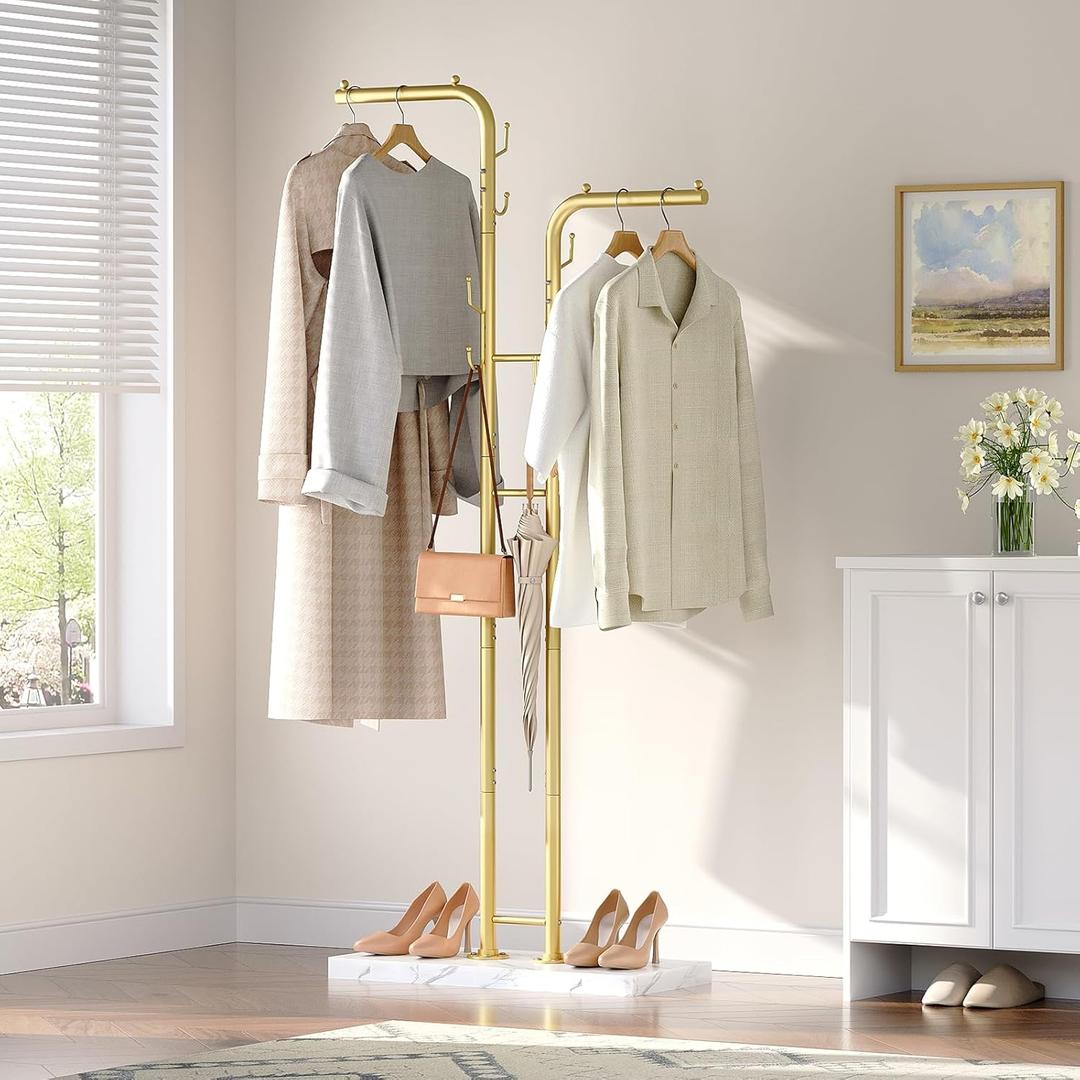 Gold Coat Hanger Stand, Floor Standing Coat Rack, Entryway Coat Tree with 8 Hooks and Marble-Look Base, Modern Double-Pole Metal Clothes Rack for Entrance, Living Room, Bedroom, YM02DW