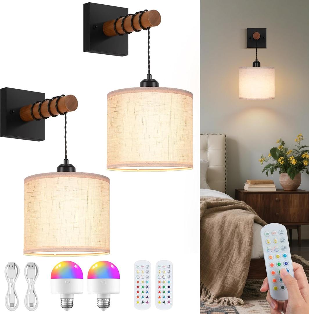 Battery Operated Wall Sconces Set of 2, 8000mAh Rechargeable Sconce RGB 15 Colors Dimmable Wall Sconce Wireless Battery Powered Sconces Decor Wall Lights for Living Room Bedroom Black