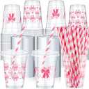 Yaomiao 100 Pcs Valentine's Day Pink Bow Plastic Cups 12oz Disposable Clear Galentine Pink Plastic Cups with Lids and Straw Cute Bow Cup Bulk Birthday Wedding Party Favors Supplies for Cold Beverage