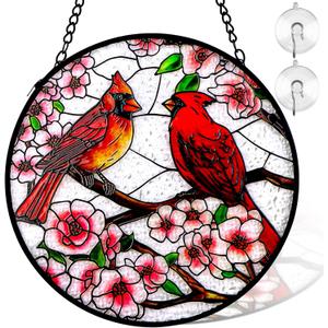 Remiawy Cardinal Stained Glass Window Hanging, 6 Inch Sun Catcher Glass Panel with Metal Chain and Hooks Suncatcher Indoor Window Wall Art Home Decor Gift for Bird Lovers Women Mother's Day Christmas