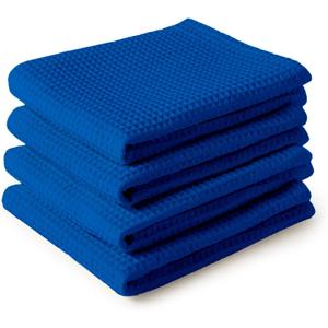 Encasa XO Kitchen Dish Towels Set | Blue | Waffle Weave and Flat Hand Tea Towel | 28"x18" | Quick Drying Reusable Cotton Washcloths | Multipurpose Lightweight Dishcloths Set of 4