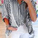 Women 2025 Summer Stripe Dolman Sleeve V Neck Oversize Shirt Tops Casual Button Up Short Sleeve Striped Blouse (S)