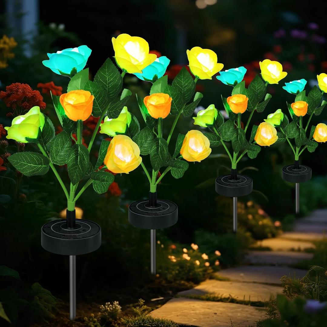 Upgraded Solar Garden Lights, 4 Pack Outdoor Solar Lights, New Round Panel for 40-Hour Runtime, Serve as Outdoor & Indoor Decor, 7-Color Changing Flower Lights, Waterproof for Patio Yard Decoration