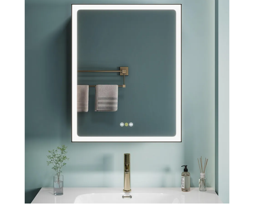 20''x28'' LED Lighted Bathroom Mirror Cabinet with Anti-Fog, Dimmable, USB Outlet & 3 Color Lighting – Black Frame Vanity Mirror with Storage