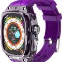 Luxury Translucent Smartwatch Case for Apple Watch Ultra 1/2 49mm, Fully Wrapped Lightweight Rugged case with Band, Silicon Strap, Stainless Steel Buttons, Protective Cover for Men/Women (Purple)