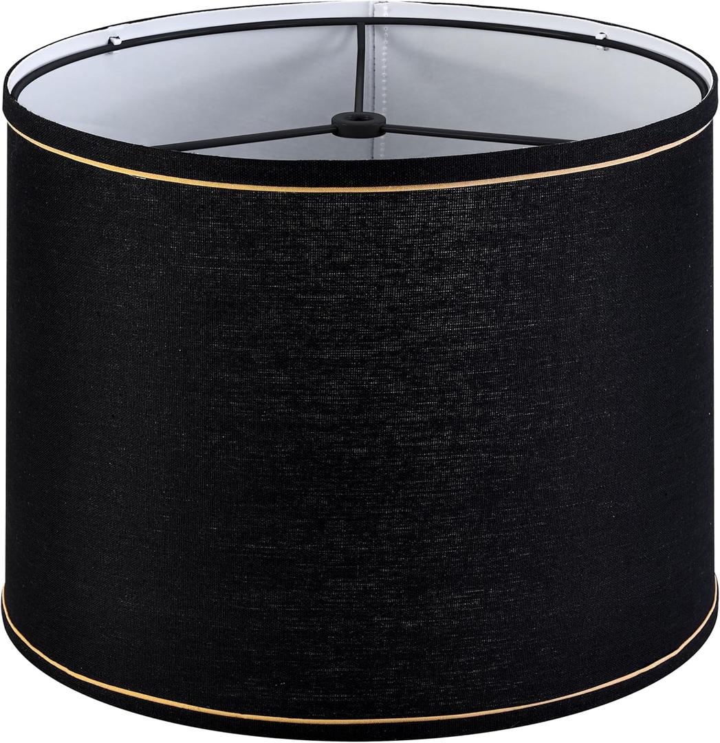 GO&SO Black and Gold Trim Drum Lamp shades,Medium Lamp shade 13" Top13" Bottom10" High(Spider) Modern Lampshades for Table&Bedside lamp,Floor Lamp Replacement Lampshade in Hand Crafted,Easy Assembly (13*13*10IN-1PC, Black&Gold trim)