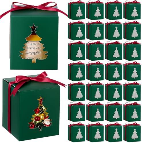 ReliThick 50 Set Candle Gift Box Transparent Gift Packaging for 4-10 oz Candles 50 Paper Thank You Tag for Wedding Birthday Baby Shower Party Favor, 3.35x3.35x3.94 in(Green,Christmas Tree)