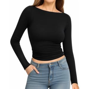 MANGOPOP Long Sleeve Shirts for Women Boat Neck Top Slim Fit T Shirt Tight Tops Tee (Black, L)