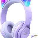 iClever Kids Headphones with Cat Ear Led Light Up, Safe Volume Limite Wired Headphones with FunShare Foldable Over-Ear Headphones for Kids/School/iPad/Tablet/Travel, Meow Donut-Purple (Medium)