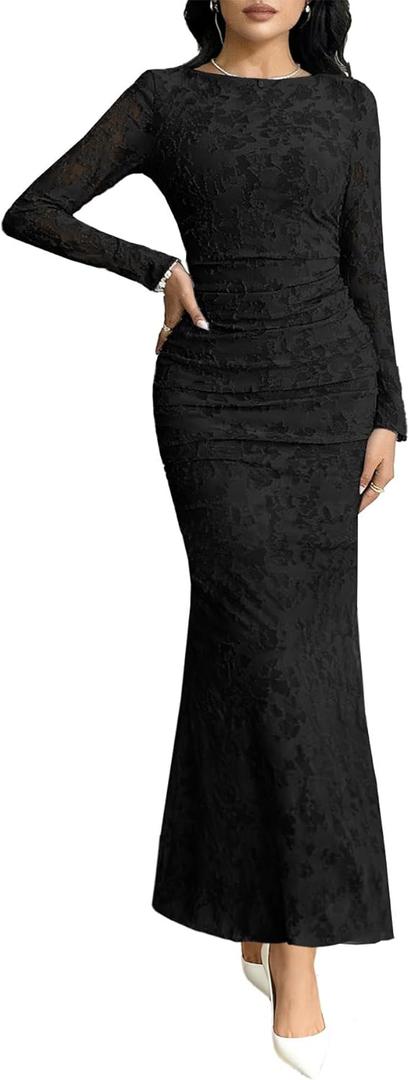 MITILLY Women's Formal Long Sleeve Dress Fall Elegant Floral Bodycon Ruched Cocktail Party Maxi Dresses (Large, Black)