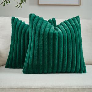 FUTEI Emerald Green Striped Decorative Throw Pillow Covers 26x26 Inch Set of 2,Square Winter Decorations Couch Euro Pillow Shams,Soft Cozy Faux Rabbit Fur & Velvet Back,Modern Home Decor for Bed
