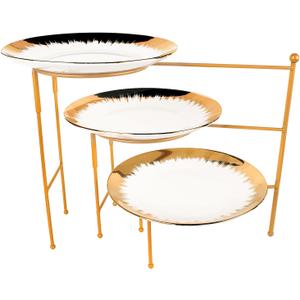 Ceramic Round Gold Rim Tiered Service Trays, 360 Swivel Collapsible 3 Tiered Tray Stand Platter- Entertainment Decorative 3 Tier Serving Tray for Parties, Buffet & Daily Use (Gold Rim)