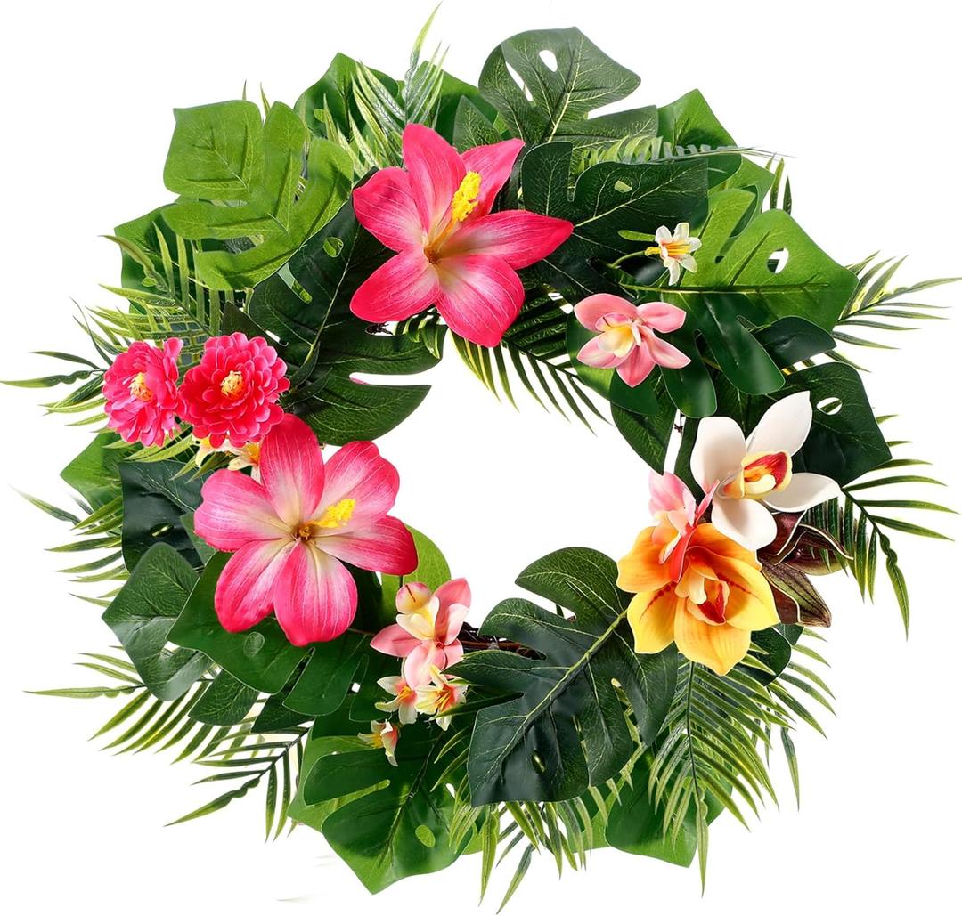 Cinnvoice Hawaiian Leis Flower Wreath Decoration Tropical Wreaths for Front Door Hawaiian Door Hanging Decor Summer Tropical Floral Wall Decor for Indoor Outdoor Decoration