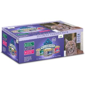 Blue Buffalo Wilderness High Protein, Natural Adult Pate Wet Cat Food Variety Pack, Chicken, Salmon, Duck 3-oz Cans (12 Count- 4 of Each Flavor) (EXP 01/09/28)