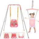 FUNLIO 2 in 1 Swing Set for Toddler & Baby Jumper, Heavy Duty Kids Swing & Bouncer with 4 Sandbags, Foldable Metal Stand for Indoor/Outdoor Play, Easy to Assemble and Store - Pink