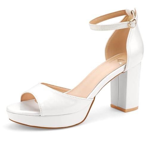 Viloporlor High Heels Chunky Platform Heels for Women Ankle Strap Comfy Open Toe Block Heeled Sandals Party Prom Wedding Dress Pumps White Size 7