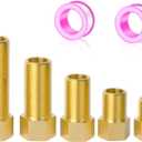 1/2" Brass Pipe Fitting, 1/2" Female to 1/2" Male Pipe Extension Fittings Connector for Tub Spout/Shower, Hex Bushing Converter Adapter, Length 30MM/40MM/50MM/70MM/100MM (5pcs) with Teflon Tape (2pcs)