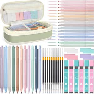 52 PCS Aesthetic School Supplies with Cute Pencil Case, Stationery Essentials with Pens Pencils and Pastel Highlighters Set,College Back to School Supplies for Teen Girls,Pastel Office Supplies-Green