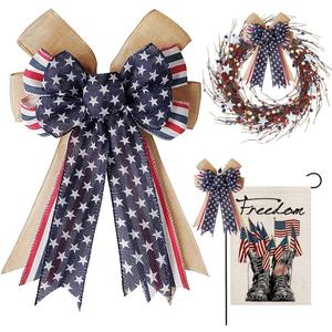 Patriotic Decor Bows for Wreaths,Burlap Red White Blue Stripe Stars Tree Topper Bow for 4th of July,Independence Day,Memorial Day,Veteran's Day,Front Door Indoor Outdoor Decorations