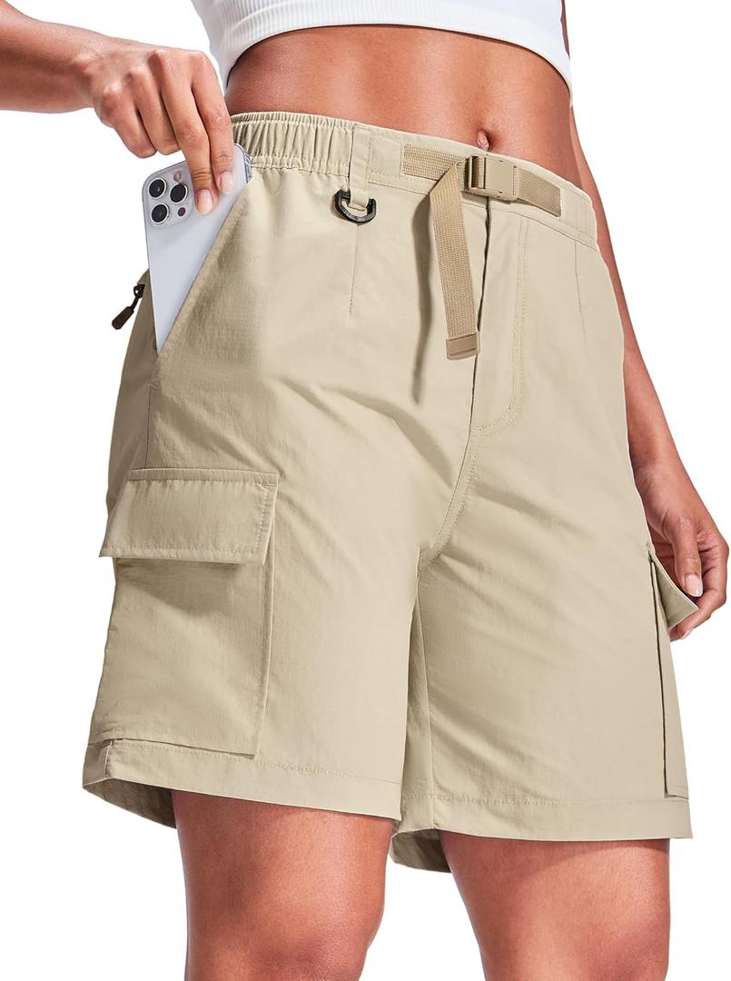 Haimont Women's 7 Inch Hiking Cargo Shorts with Belts Elastic Waist Nylon Quick Dry Water Resistant Camping Travel Trekking, L