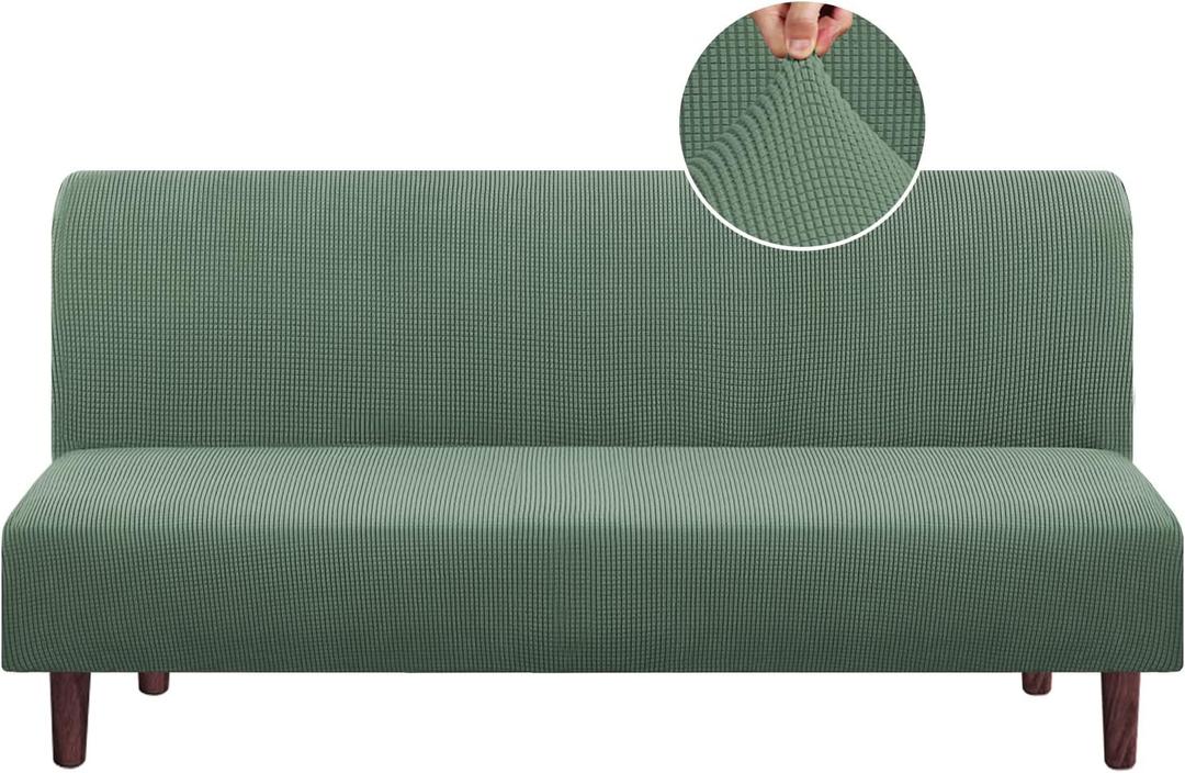 PrinceDeco Stretch Futon Slipcover Armless Futon Bed Cover Furniture Protector Without Armrests with Elastic Bottom for Kids, Soft Jacquard Fabric Small Checks, Machine Washable, Loden Frost