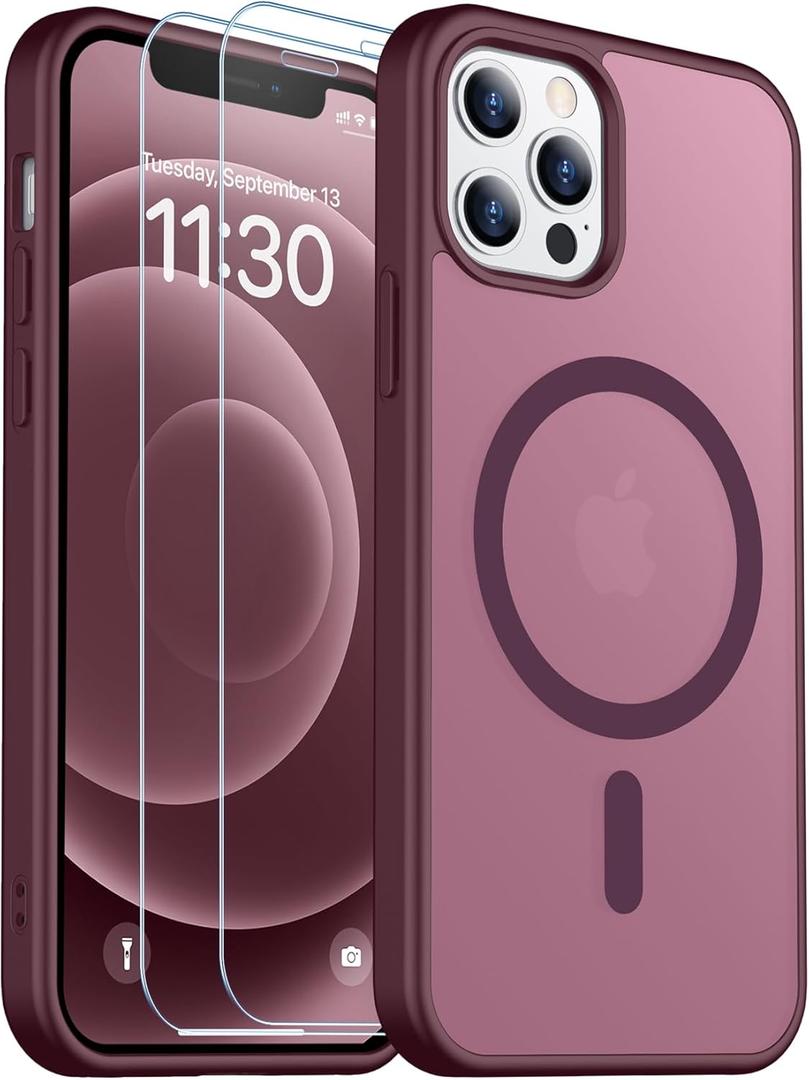 SPIDERCASE for iPhone 12 Case for iPhone 12 Pro Case, Magnetic Translucent Matte Case with 2PCS Tempered Glass Screen Protector Slim Phone Case for iPhone 12/12 Pro 6.1'', Wine Red