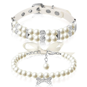 Hicarer 2 Pcs Small Dog Cat Pearl Collars and Pearl Necklace Set Cute Pet PU Leather Collars Necklace with Crystal Rhinestone for Dogs Cats Puppy Kitten Party Wedding Birthday, S