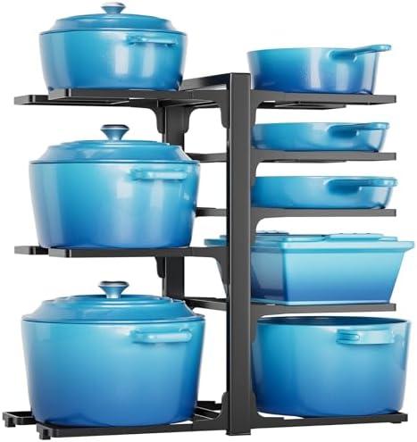 Pots and Pans Organizer Under Cabinet, Heavy Duty 8 Tier Pan Organizer–Carbon Steel Pan Rack, No Assembly Required, Perfect for Cast Iron Skillets, Dutch Ovens, Frying Pans, Pots, and Trays