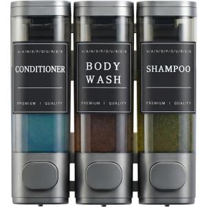 Shampoo and Conditioner Dispenser,Shower Soap Dispenser 3 Chamber No Drill Wall-Mounted for Bathroom & Hotel Leak-Proof Pumps, for Thick Liquids Like Conditioner - 1050ML High Capacity, Gun Gray