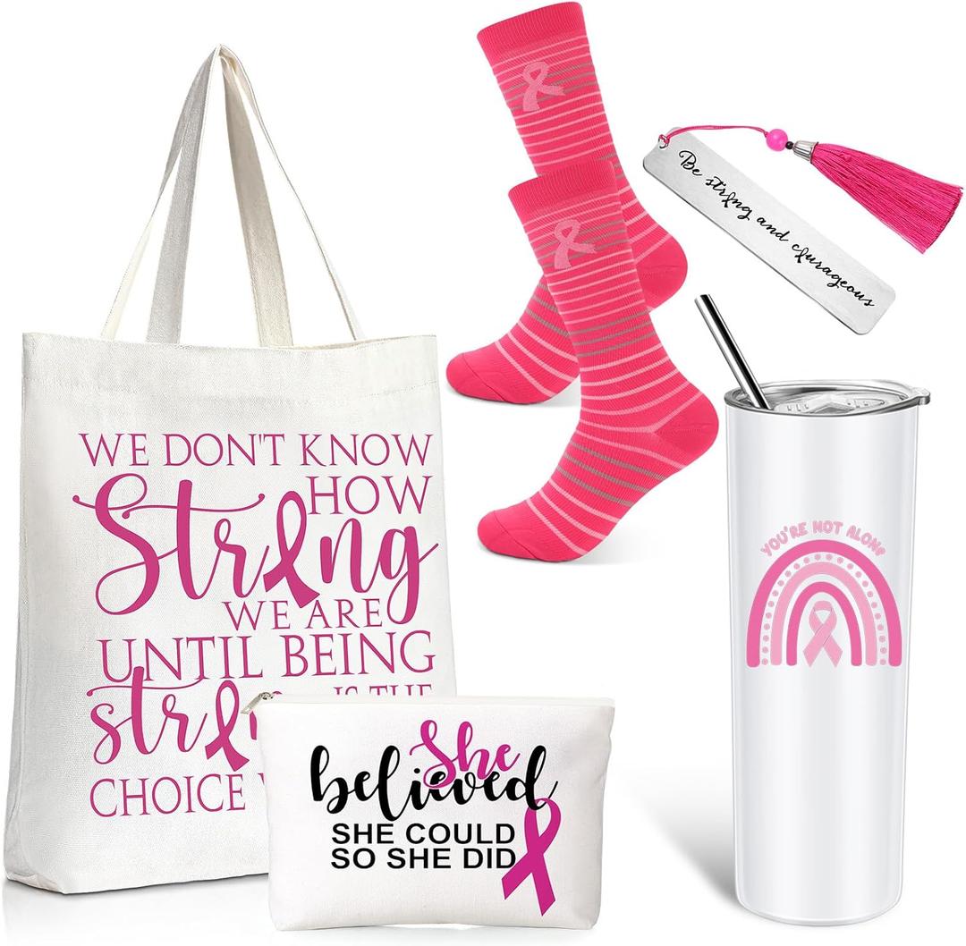 Silkfly 5 Pcs Book Lovers Gifts Set, Gifts for Book Lovers, Includes 20 oz Wine Tumbler Socks Bookmark Tote Bag and Cosmetic Bag (Pink Ribbon)