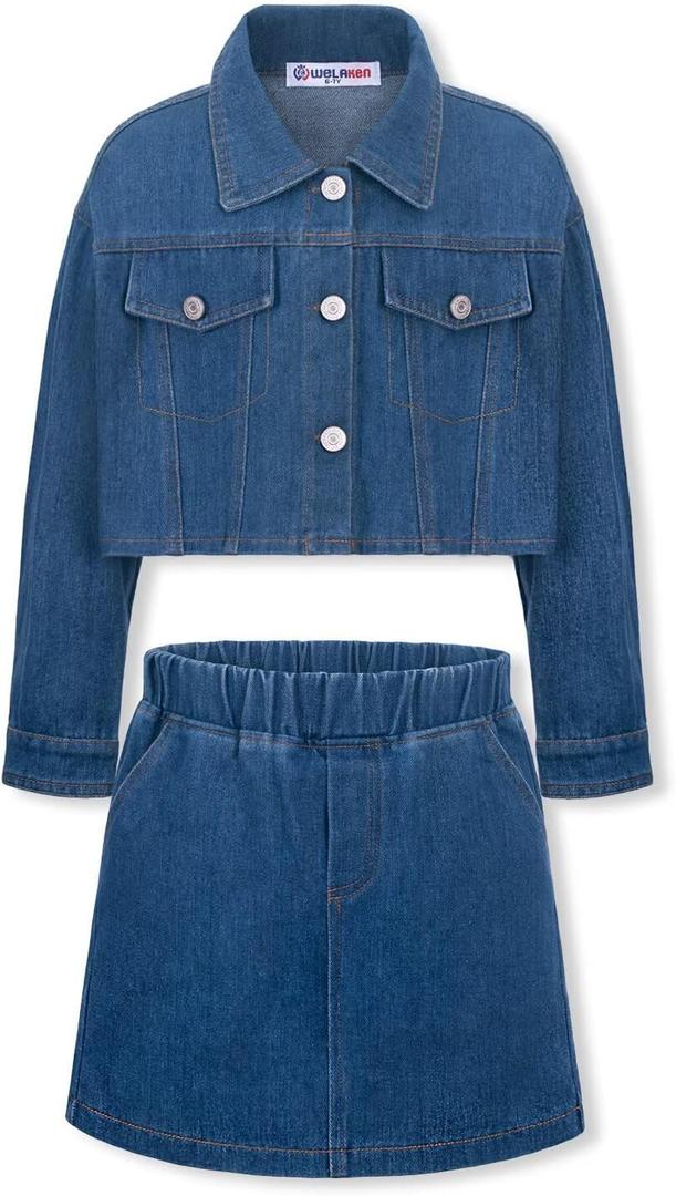 WELAKEN Denim Skirt Sets for Girls Kids & Teen (Jean Jacket + Mini Skirts) II Girl's Clothing Sets (6-7Y, Blue)