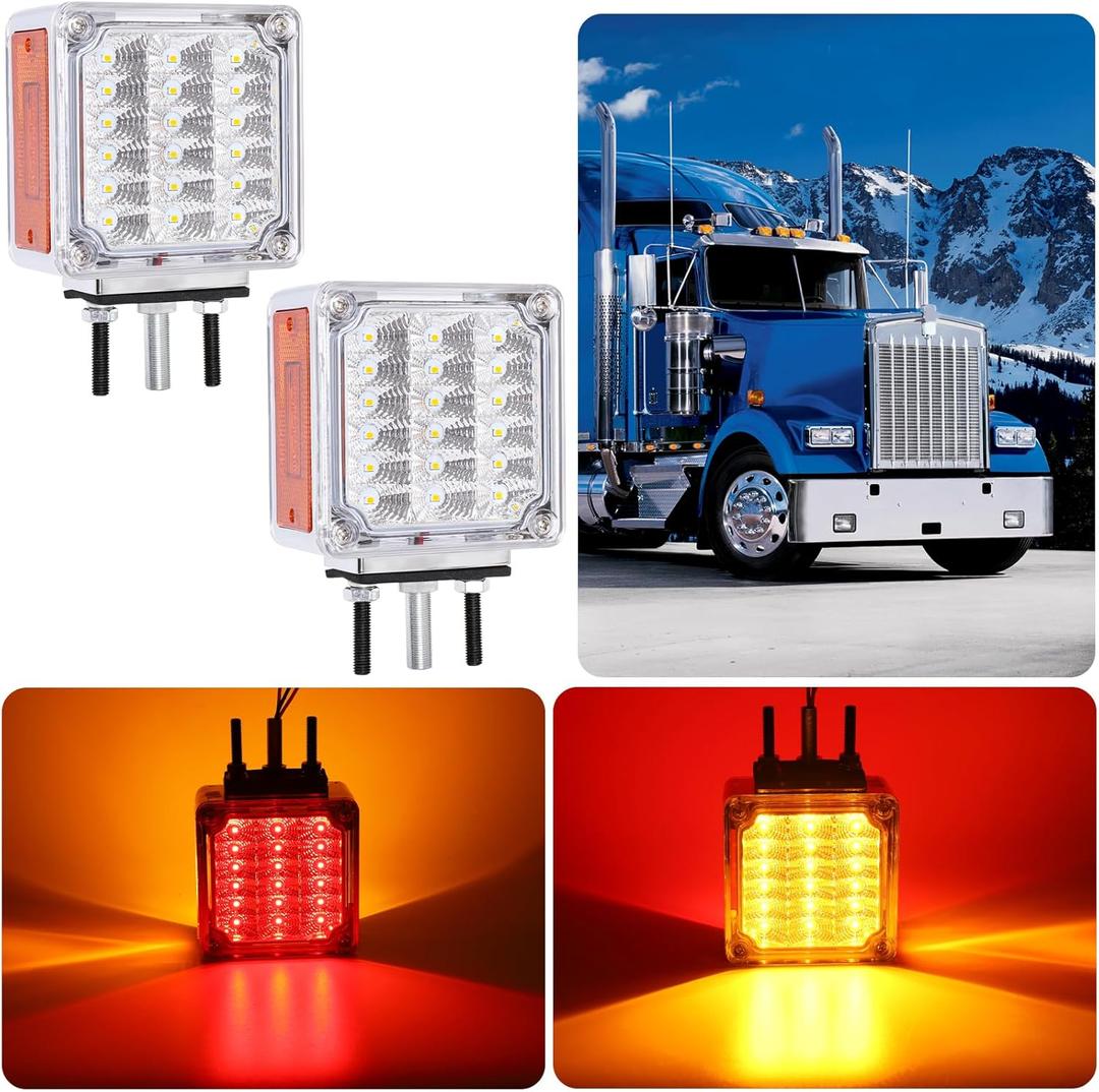 Pedestal Fender Light Double-Face Square Amber/Red 39 LED Clear Lens Stud Mount Stop Turn Tail Signal Trailer Light for Semi Truck Peterbilt Kenworth Freightliner Towing Dual-Face Waterproof 2 Pack