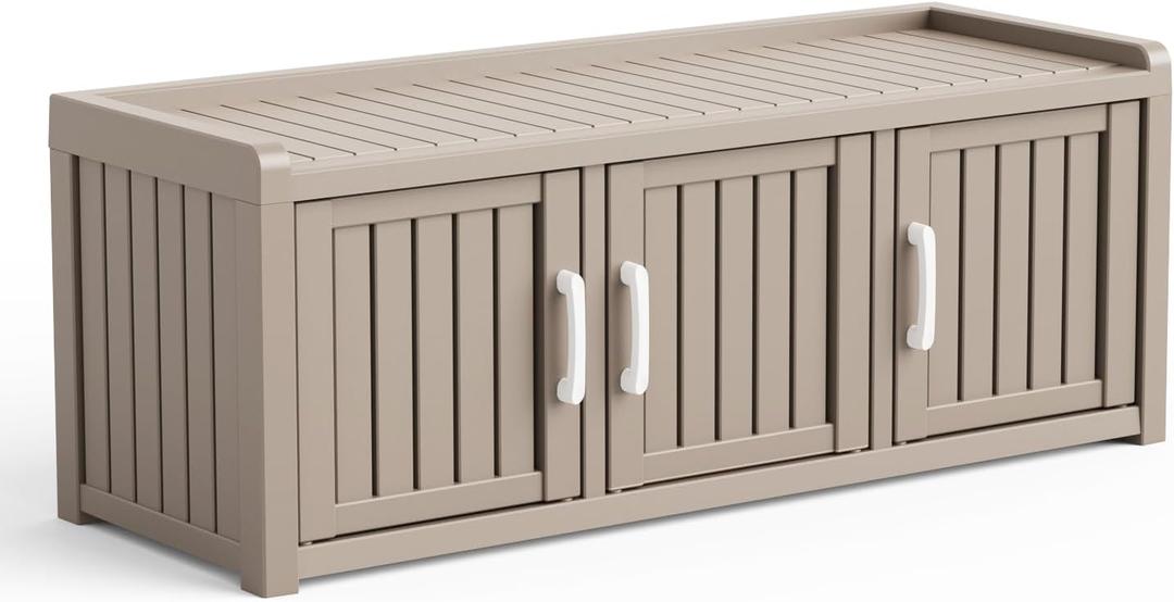 3 Doors Shoe Bench, Waterproof & UV-Resistant, Resin Shoe Cabinet Indoor & Outdoor Use, Entryway Bench with Adjustable Shelves & Hidden Storage Space for Bedroom, Hallway, Grey, 3 Doors B